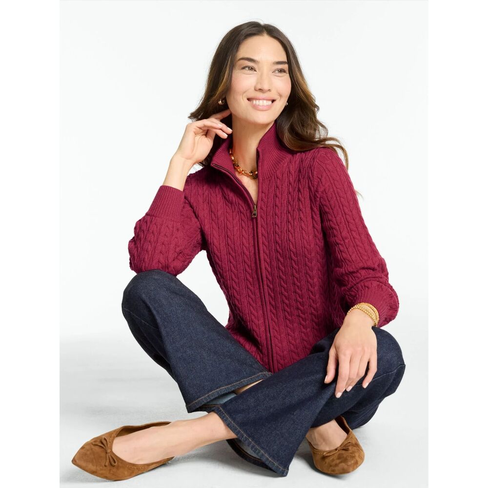 Talbots XL Burgundy Red Textured Knit Zip Front Cardigan Sweater Cotton Blend